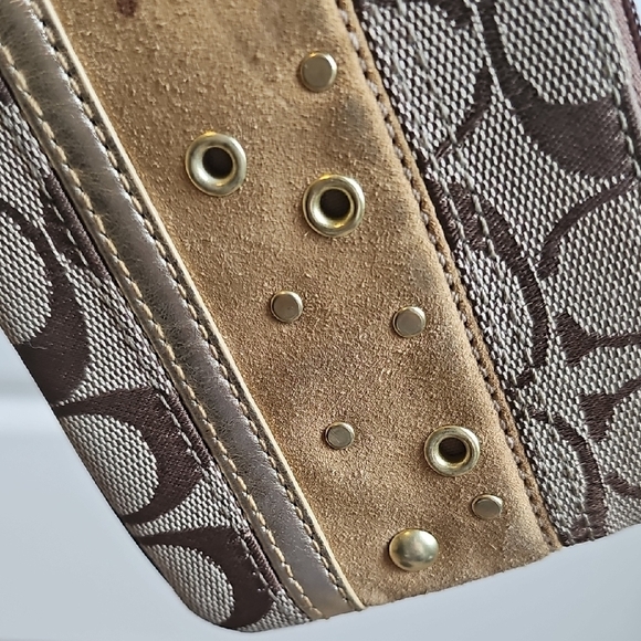 Coach Signature Brown and Tan Wristlet Leather, Suede, Gold Accents - Picture 4 of 7